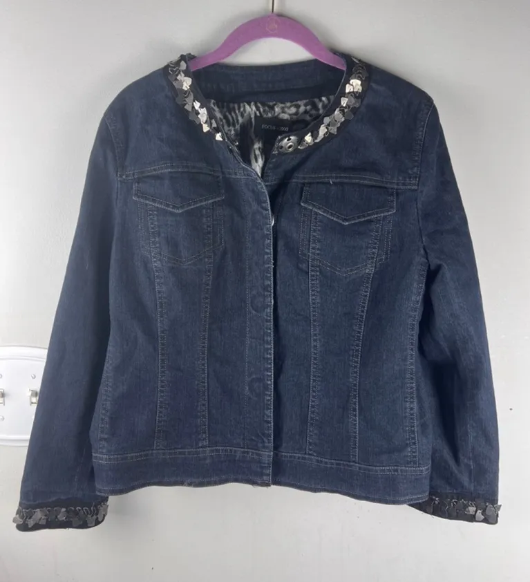 Focus 2000 Denim Jacket Womens 10 Embellished Collar Snap Button Stretch Blue