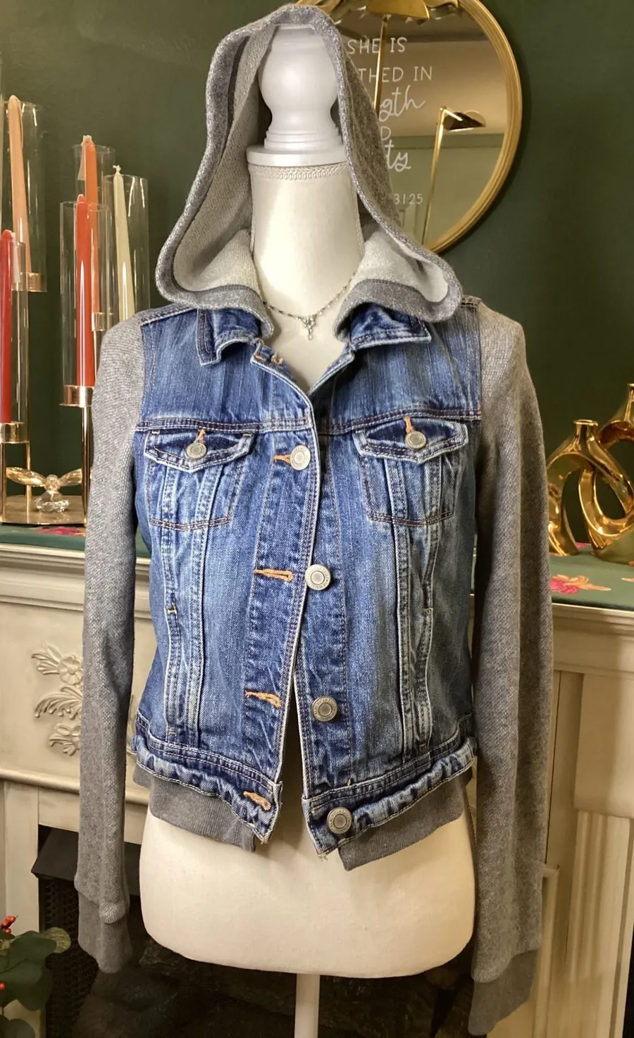 American Eagle Denim Jacket Womens Small Blue Gray Hoodie Hybrid