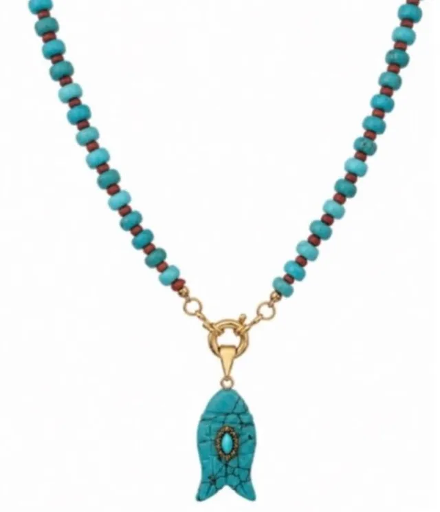 Revolve x Adina Eden Turquoise Natural Stone Fish Pendant Beaded Necklace Blue