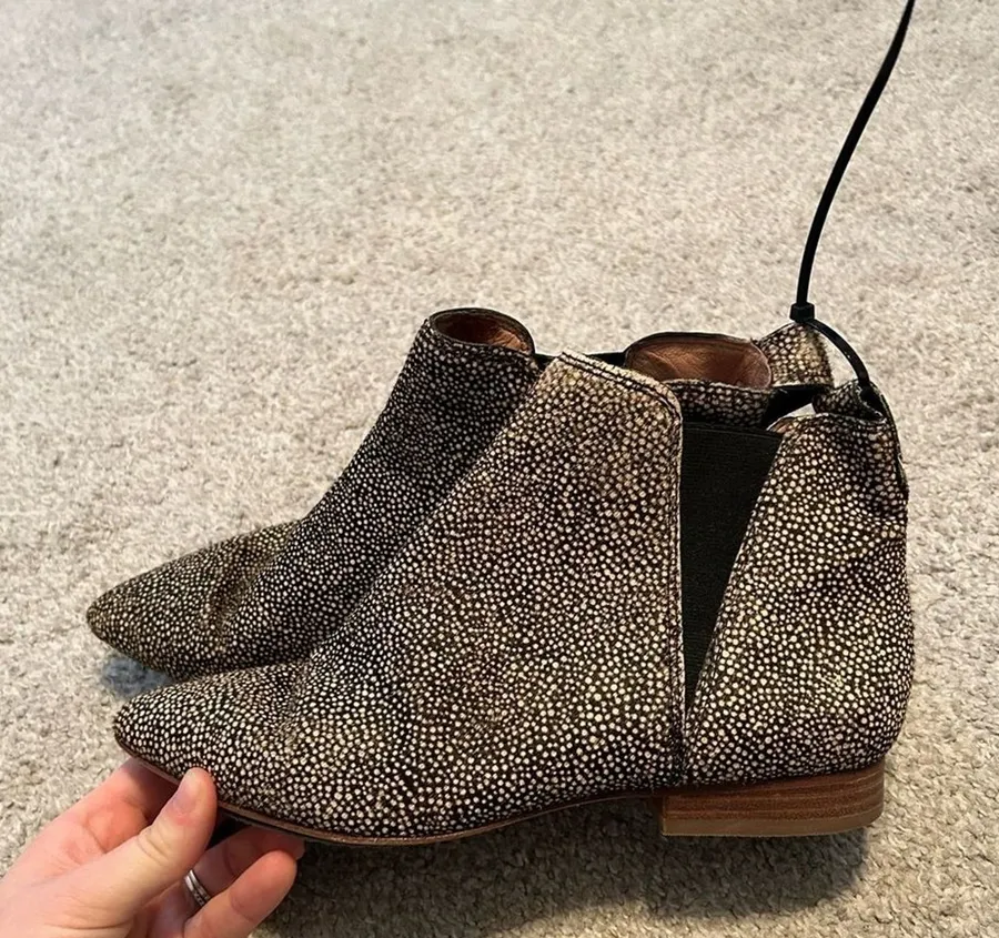 Madewell Gold Black Dotted Calf Hair Chelsea Ankle Boots Pointed Toe Womens 7