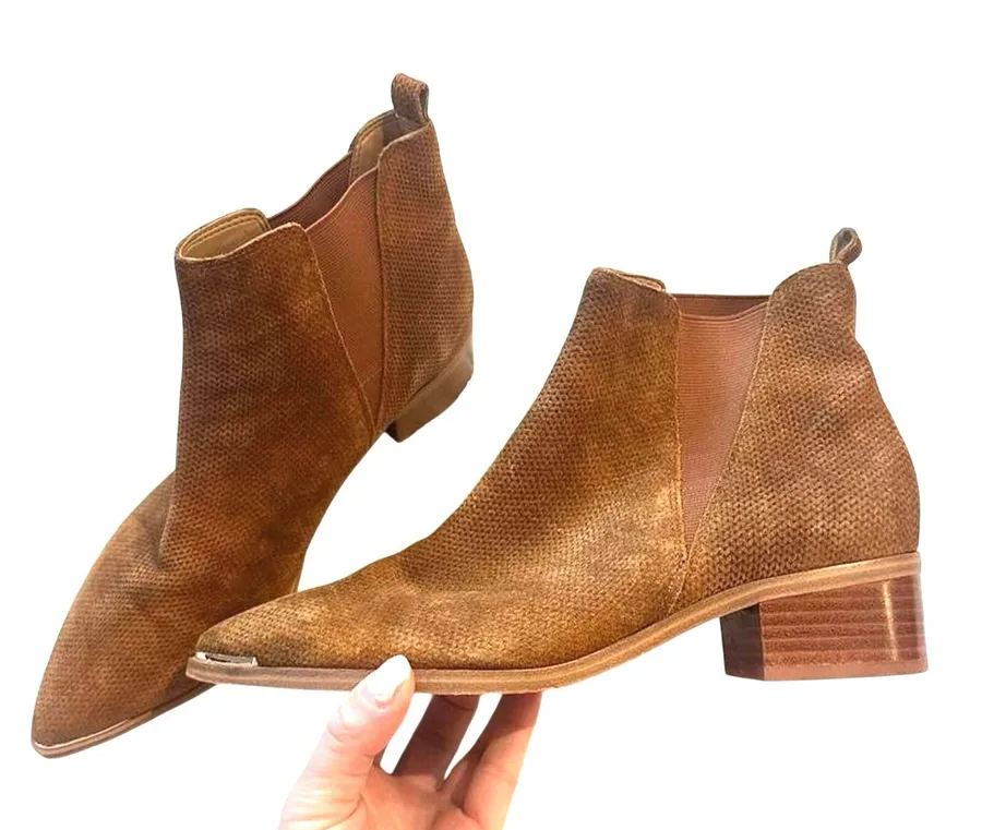 Marc Fisher Yale Chelsea Suede Perforated Metal Detail Boot Brown Point Toe 7.5