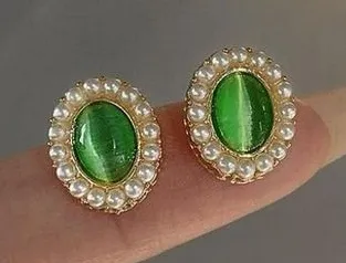 Green Cats Eye Pearl Halo Stud Earrings S925 Sterling Silver Posts