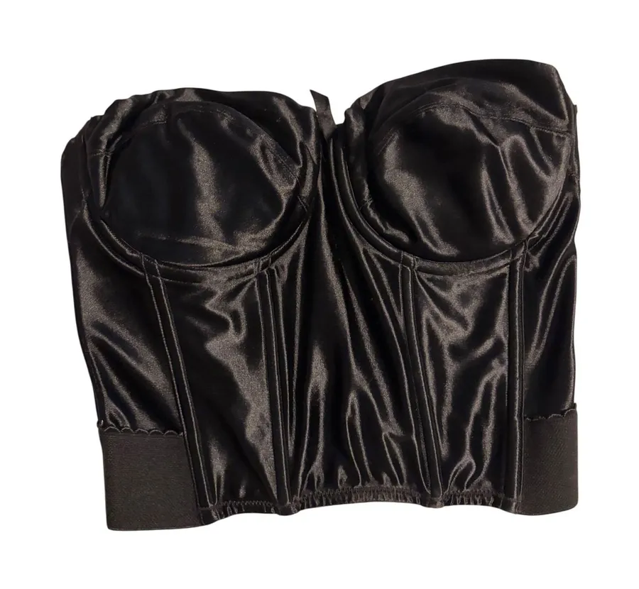Victoria's Secret Bustier Top Satin Black Boned Strapless 36C Coquette Goth