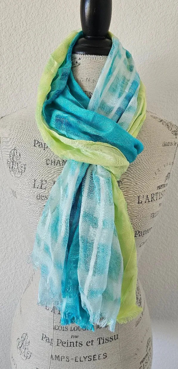 Boho Tie Dye Lightweight Scarf Shawl Sarong – Turquoise, Lime Green & White