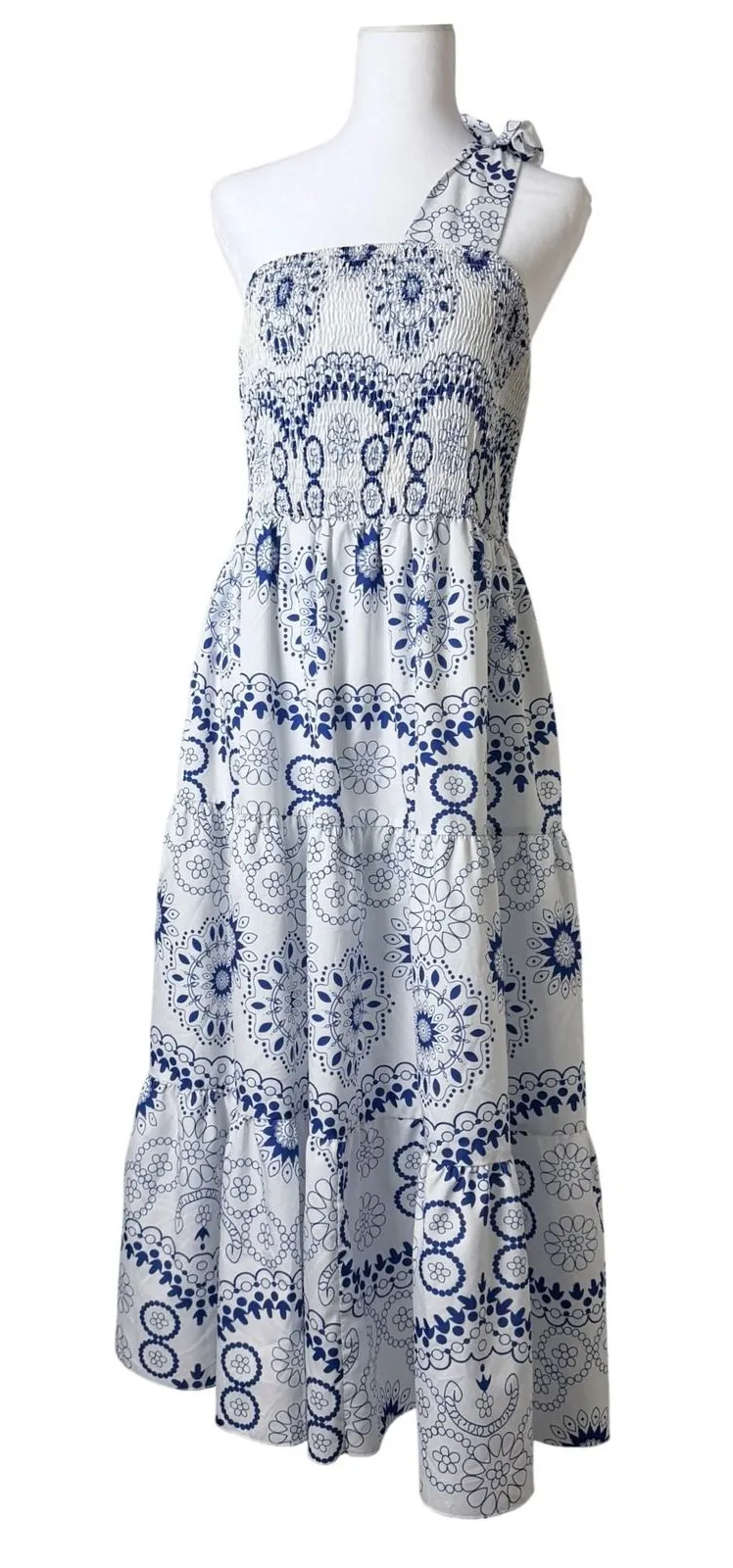 Hapsha Curve Maxi Dress Women 2XL Blue One Shoulder Smocked Tiered Boho Beachy Size 2X