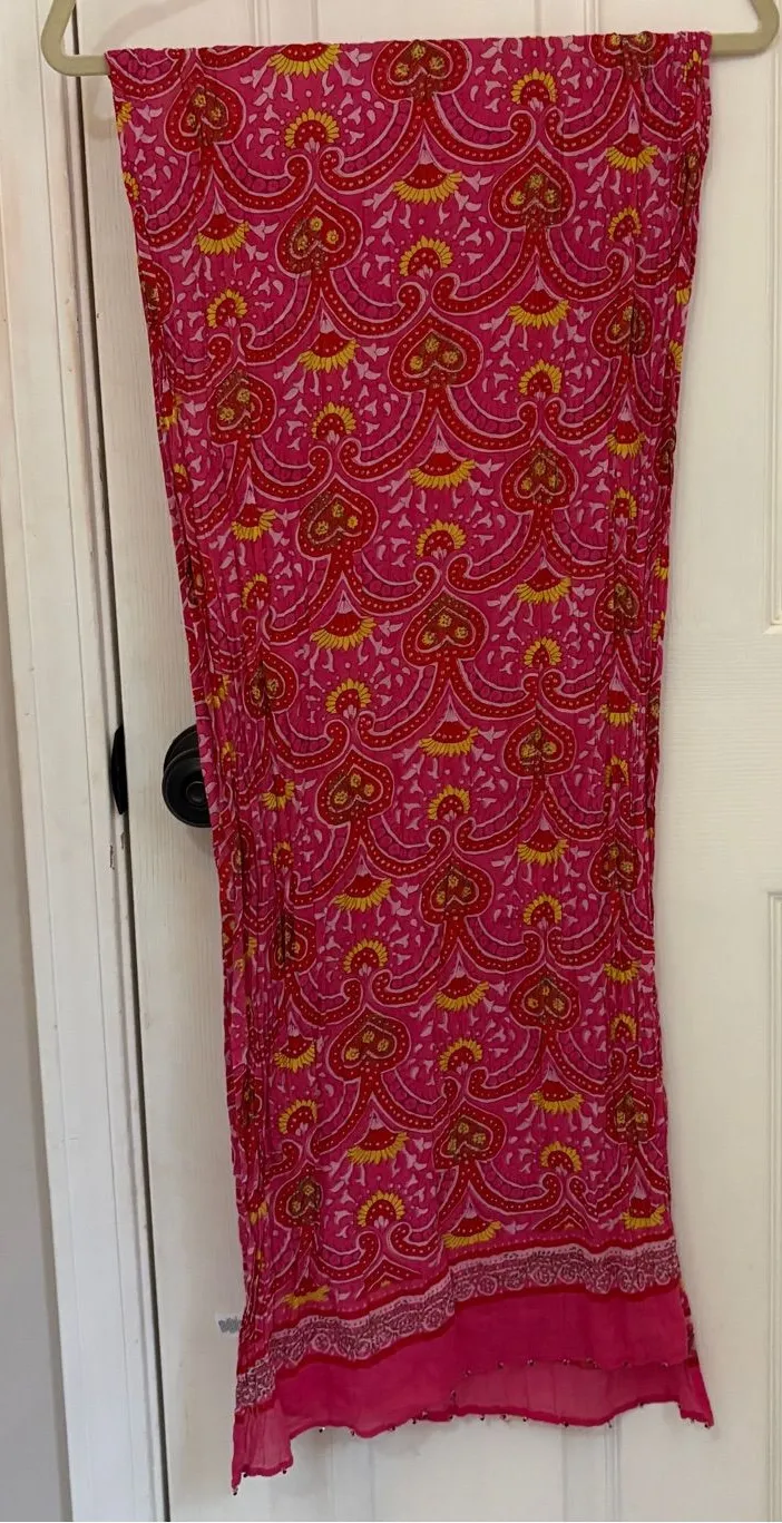 Vibrant Pink, Red, and Yellow Scarf with Glitter and Bead Details Red