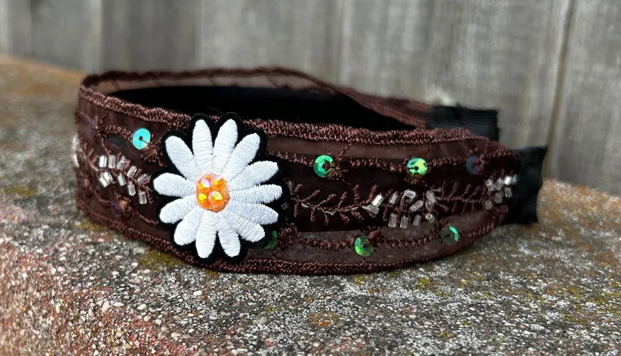 Custom Headband with flower patch & crystals handmade brand new Brown
