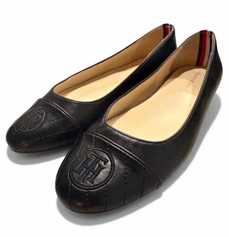 Tommy Hilfiger Black Leather Quilted Logo Ballet Flats 8M