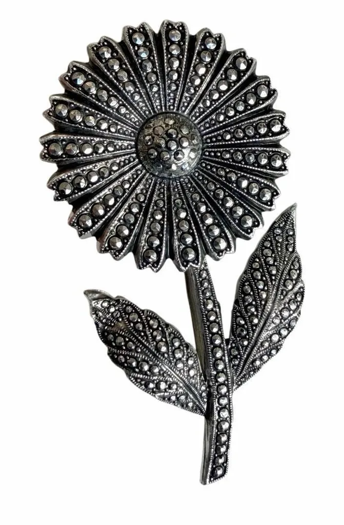 Vintage Germany Marcasite Style Flower Brooch Silver Tone Floral Statement Pin