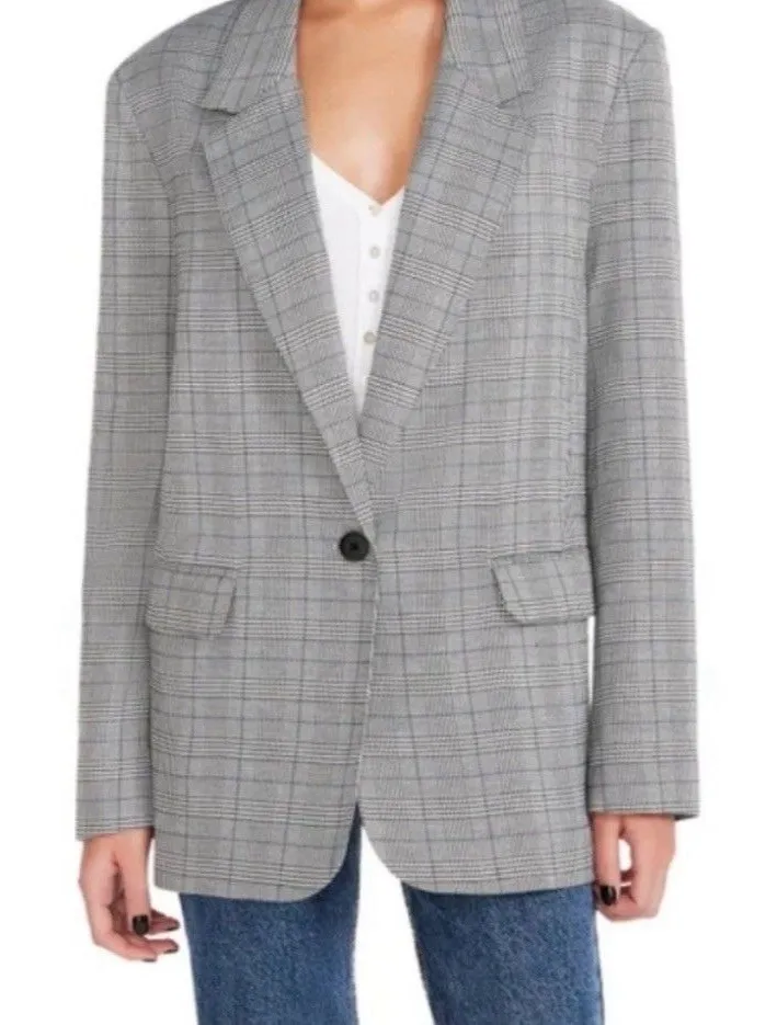 Steve Madden Blazer Jacket Womens Size M Gray Plaid Oversized Single cute