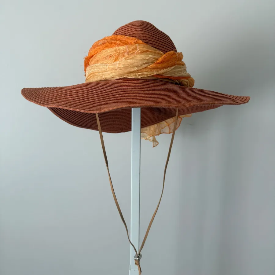 Banana Boat OS Orange Sun Hat Wide Brim Scarf Chin Strap Beach Summer Accessory