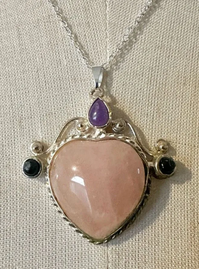 Rose Quartz silver tone heart pendant necklace Pink