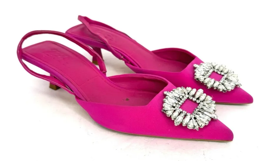 Zara Fuchsia Pink Rhinestone Buckle Slingback Kitten Heels Women's EU 39 US 8