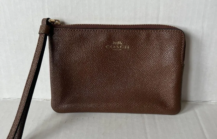 Coach Signature Leather Corner Zip Wristlet Brown Coin Pouch Wallet