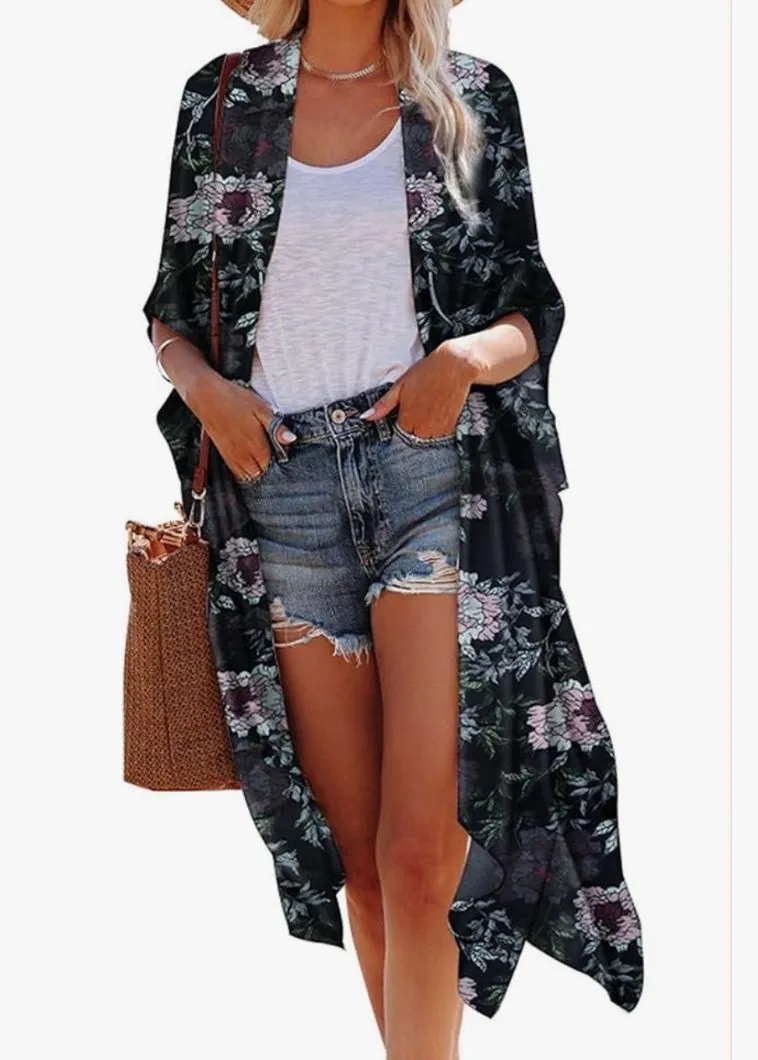 Hibluco Sheer Chiffon Black Floral Kimono Cardigan Long Swimwear Cover Up Sz 2XL