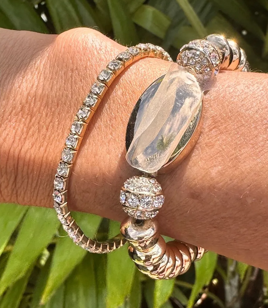 Gold Tone Beaded Stretch Bracelet Set Crystal Tennis Bracelet Stackable Glamour