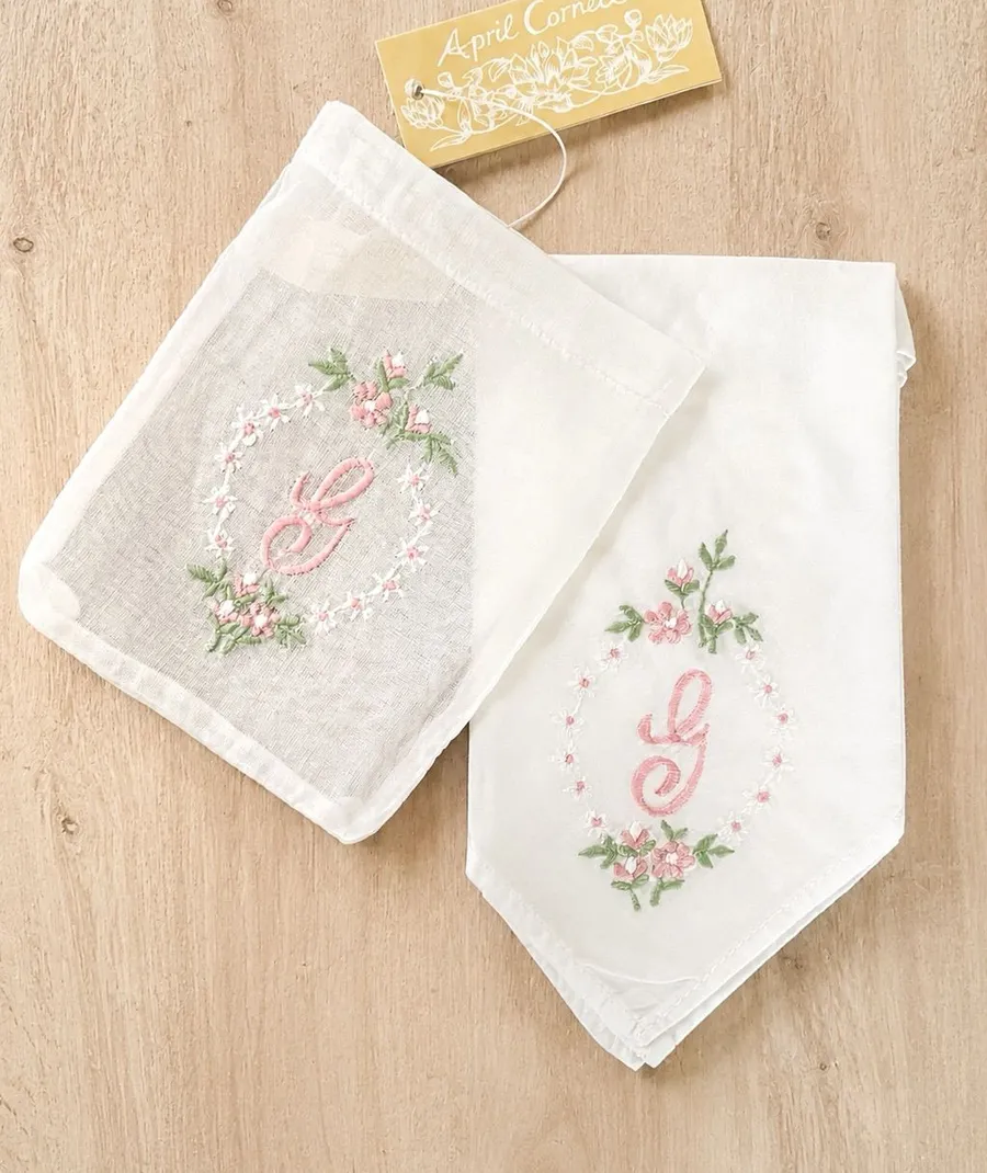 NWT Vintage April Cornell White Cotton Embroidered G Monogram Handkerchief Y2K