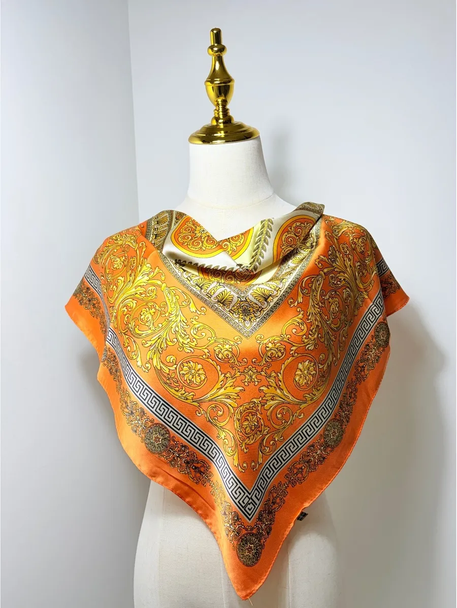 Elegant Orange Scarf with Golden Baroque and Greek Key Pattern