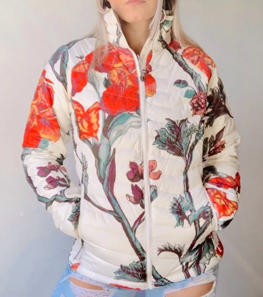 Columbia XS Floral Omni-Heat Puffer Jacket Ivory Red Yellow Peony Print