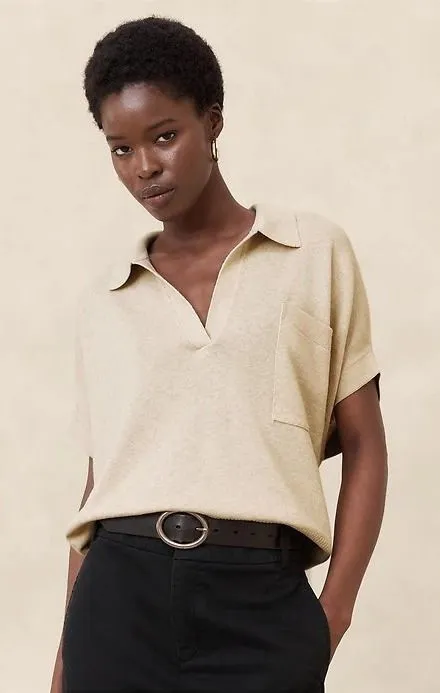Banana Republic Cotton Linen Blend Polo Sweater Oatmeal Beige Short Sleeve M/L
