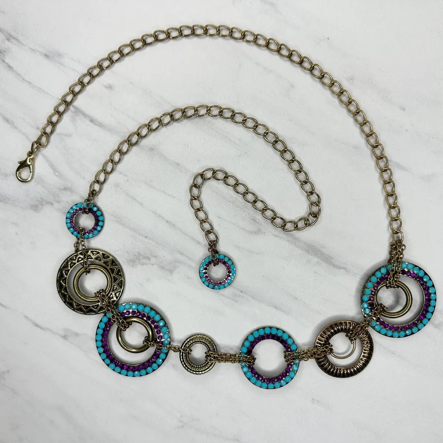 Blue Purple Rhinestone Studded Gold Tone Circle Chain Belt S/M Small Medium ✨