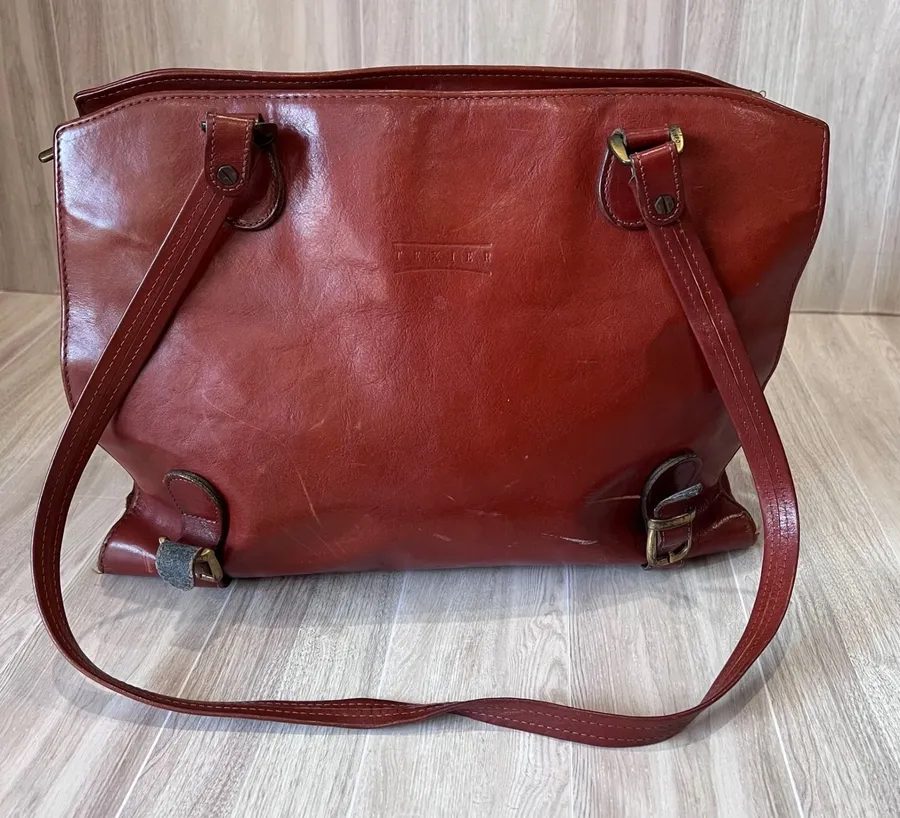 Texier Leather Satchel Shoulder Bag Work School Travel Vintage Redish Brown
