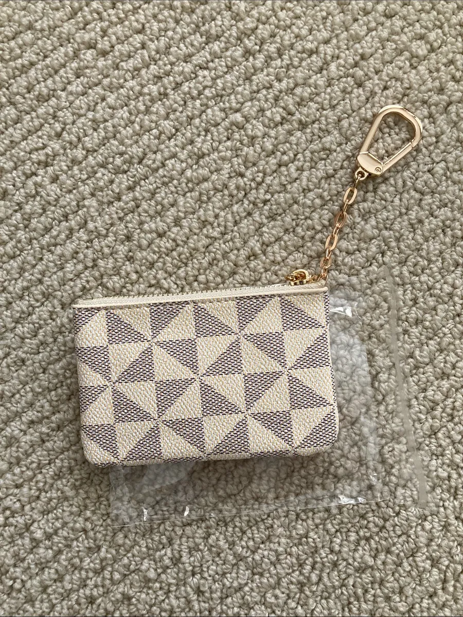 NEW Geometric Monogram Style Print Bag Charm Coin Pouch Gold Keychain Mini NIB Tan