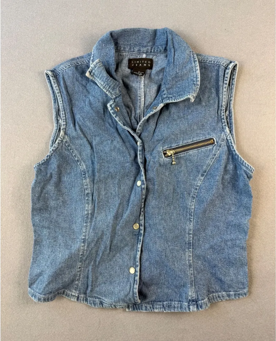 Limited Jeans Womens Vintage Blue Denim Vest Button Front Zipper Pocket Size M