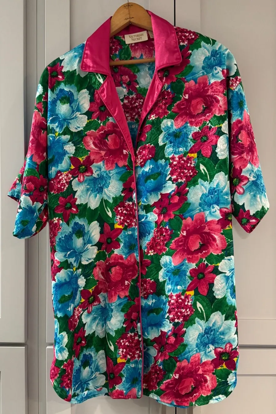 Vintage 90s Victorias Secret Gold Label Floral Satin Nightshirt Pink Blue P/S