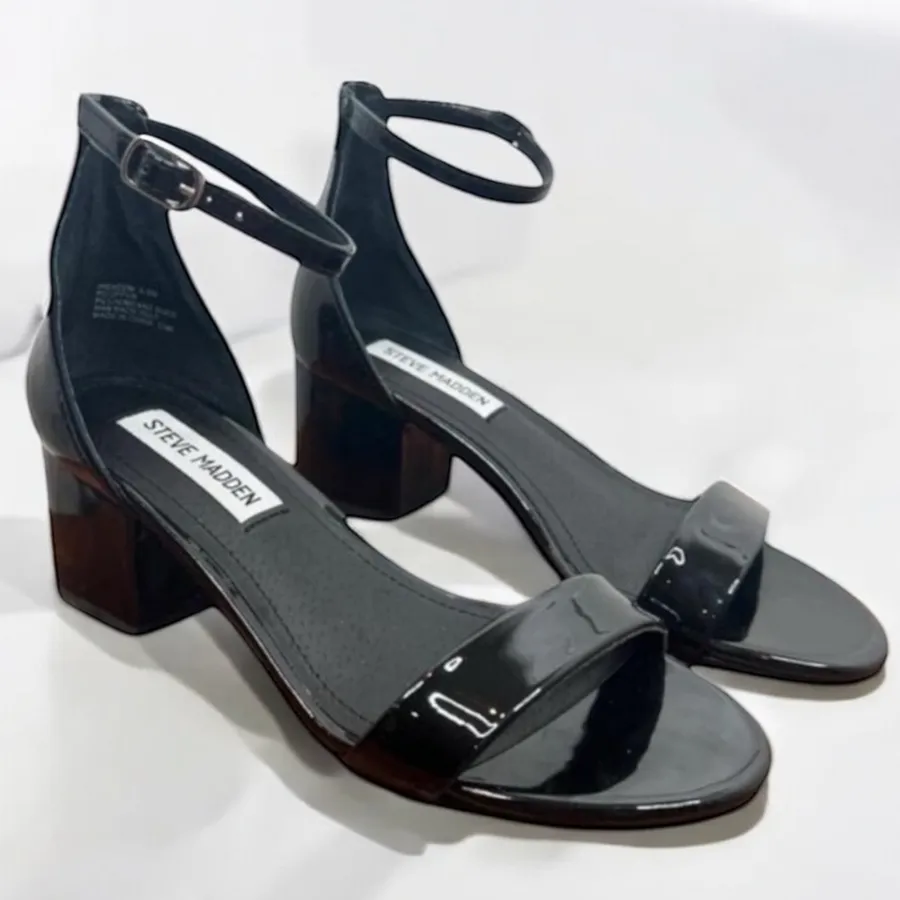 STEVE MADDEN Irene Sandals Size 5.5M Black Patent Leather Block Heel Classic