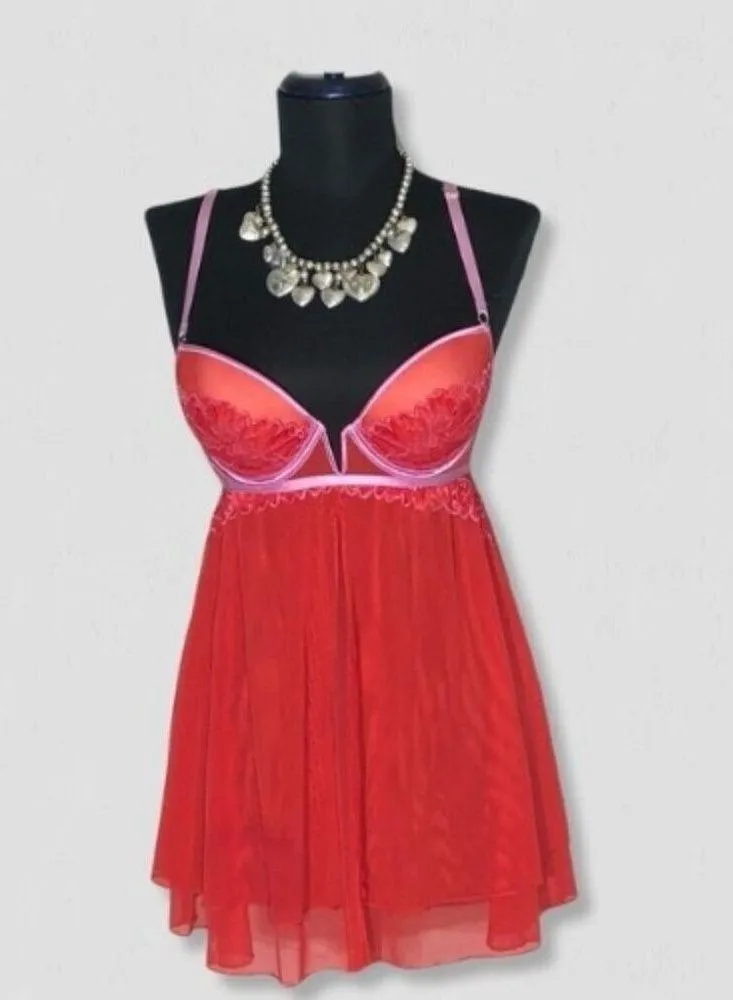 Auden Intimates Babydoll Lingerie Lace Mesh Red Pink Size Small
