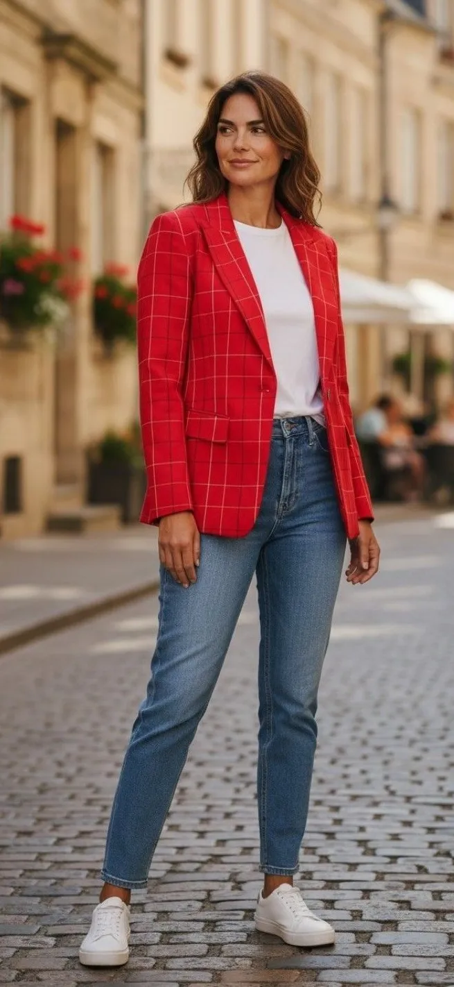 Anne Klein Red Windowpane Womens Blazer Size 10