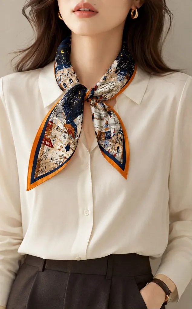 100% Silk Parisian Village Print Square Scarf Blue Orange Vintage Style