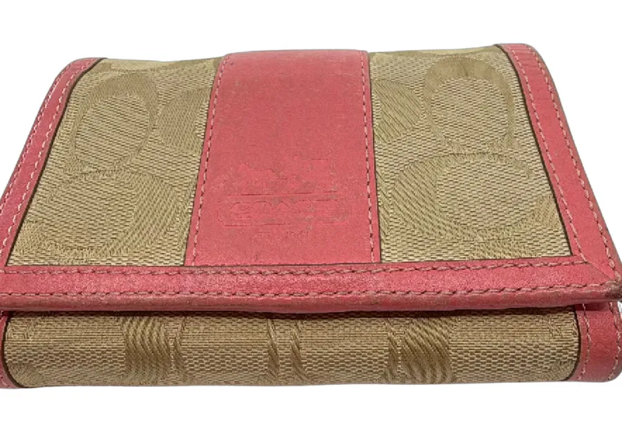 Coach Signature Trifold Pink C Canvas & Leather Wallet