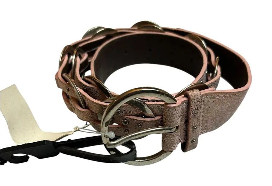 NWT Sparkling Pink Faux Leather Braided Belt Interlocking Silver Circles 42.5”