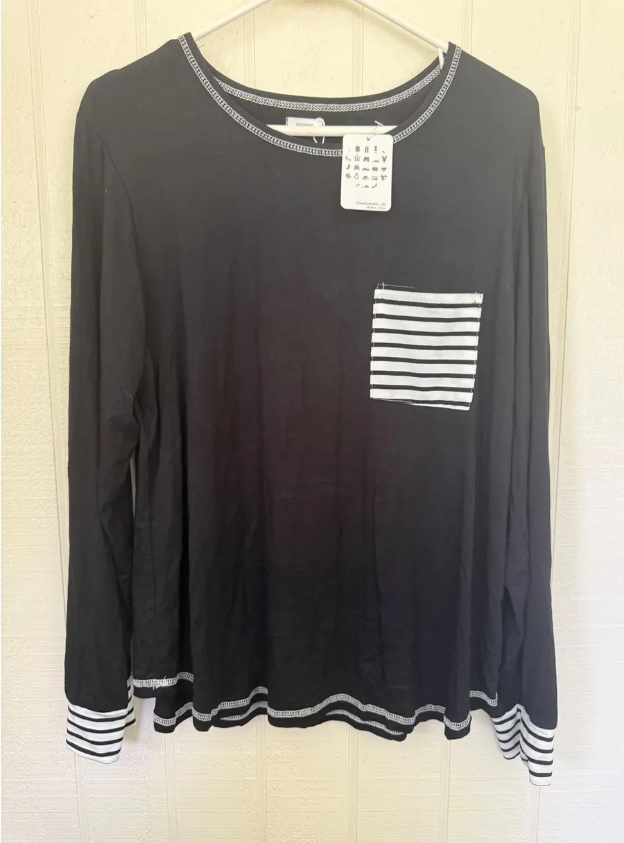 SWOMOG Womens Black Long Sleeve Pajama Top Striped Pocket Cuffs Sleep Shirt L Size L