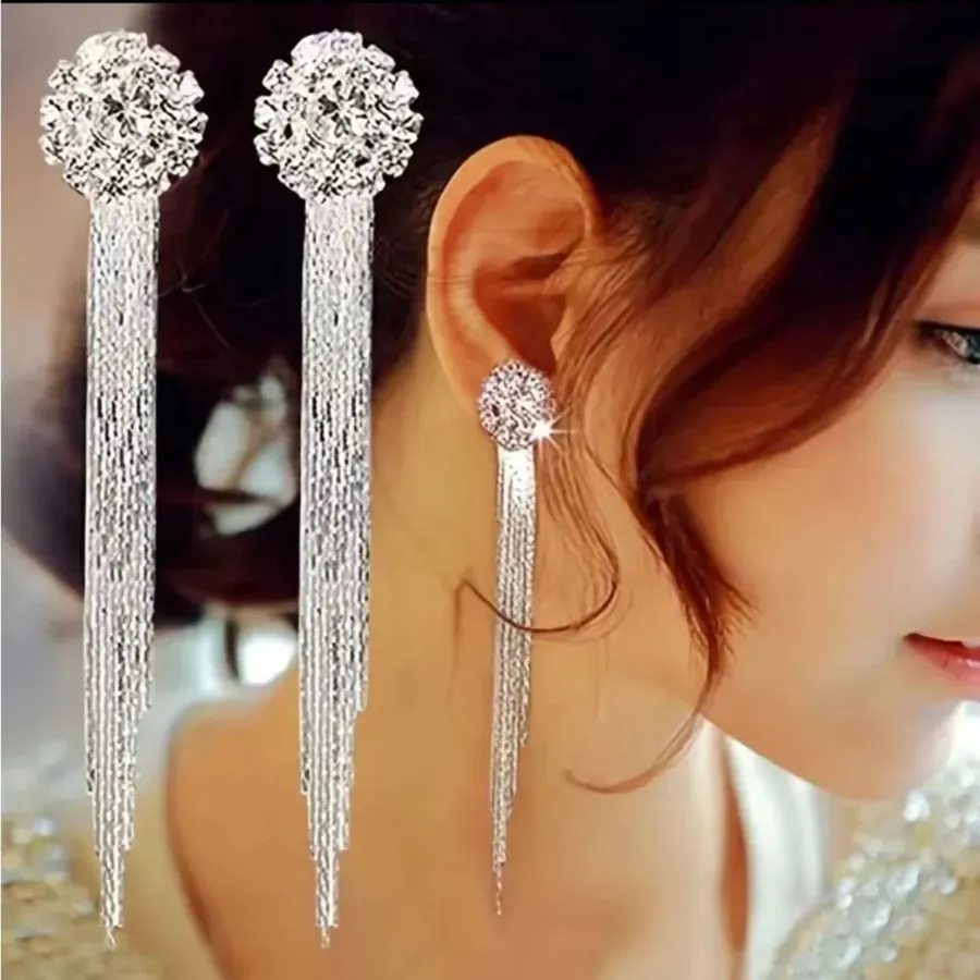 Silver Tone Long Drop Diamonte / Diamanté Tassel Tassle Earrings