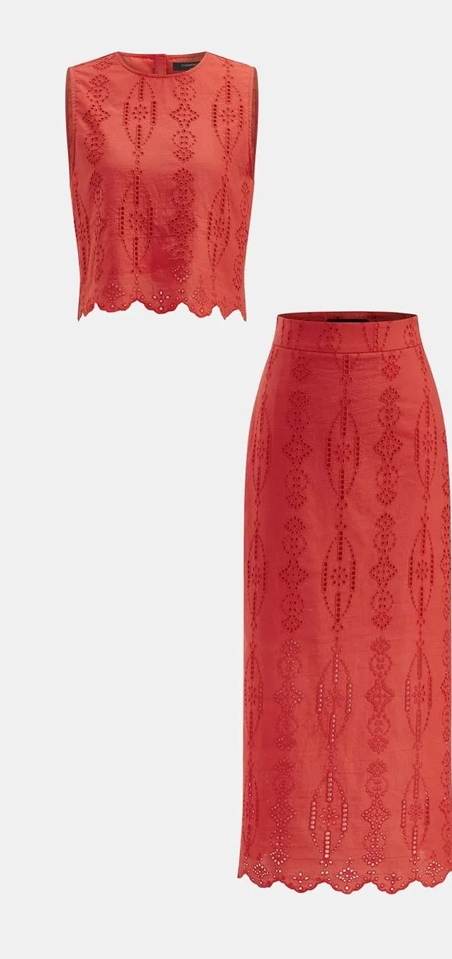 Commense Cotton Eyelet Embroidery Top Midi Skirt Set Red Size M NWT 2 Piece Size M