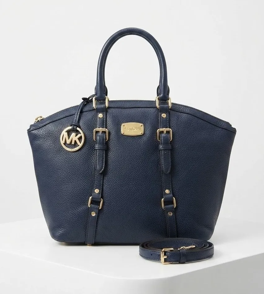Michael Kors Womens Satchel Medium Navy Leather Bedford Gold Buckle Crossbody
