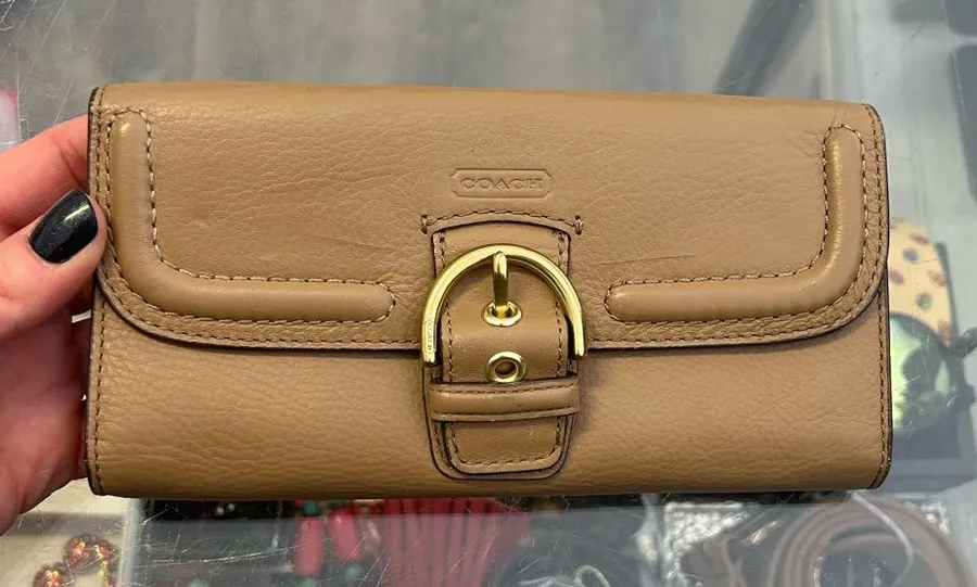 Coach Taupe Leather Flap Wallet Brass Turn Lock Long Bifold Neutral