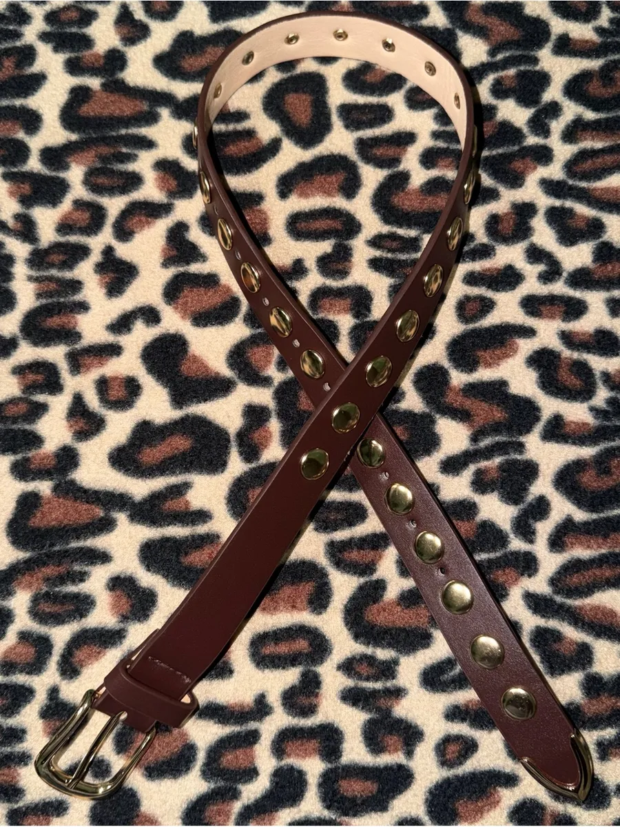 2000s brown leather belt with gold studs