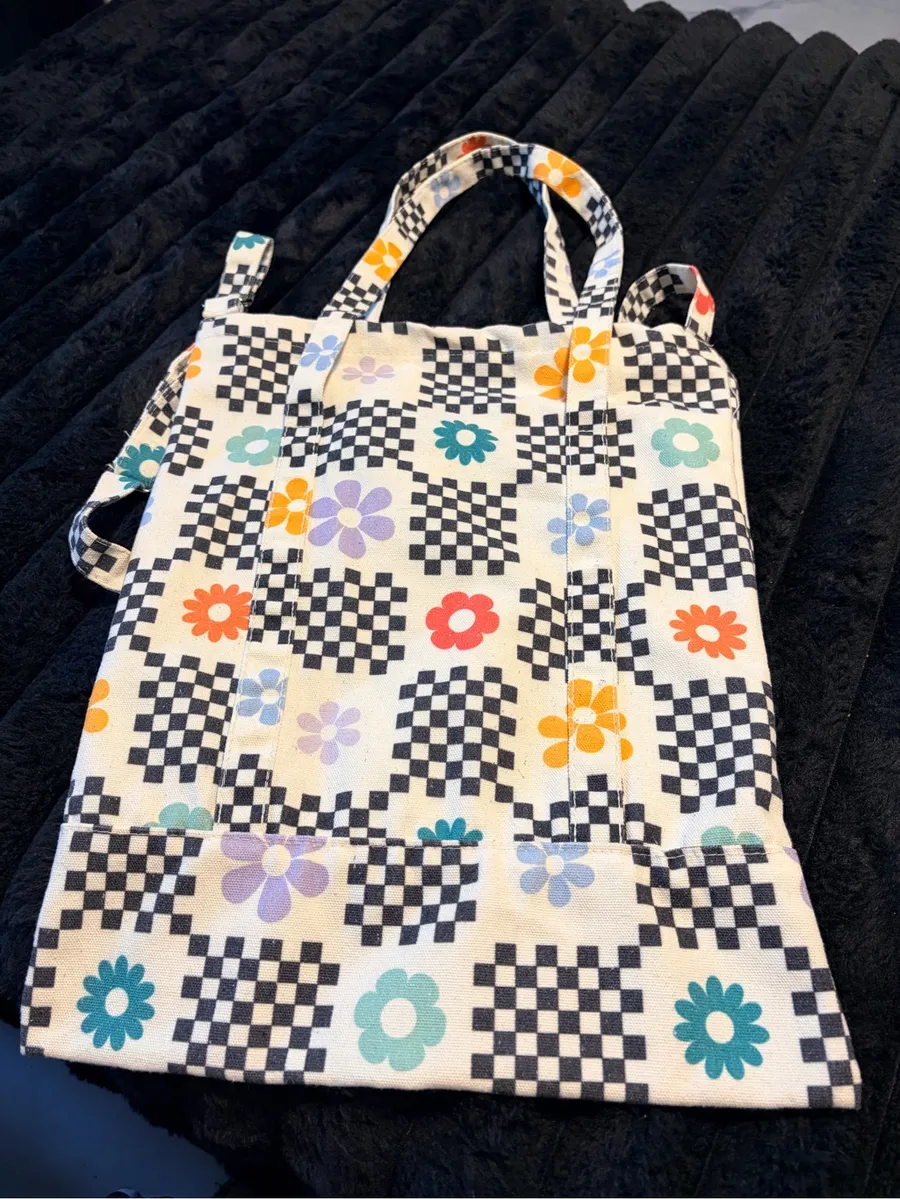 Checkerboard Floral Canvas Tote Bag in Multi