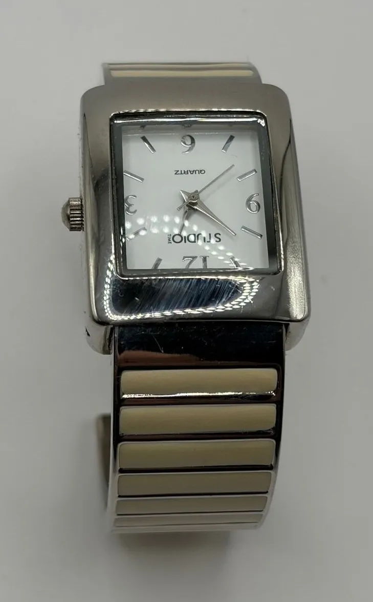Studio Women's Rectangular Cuff Watch Cream Inlay Stainless Steel Back Quartz Silver