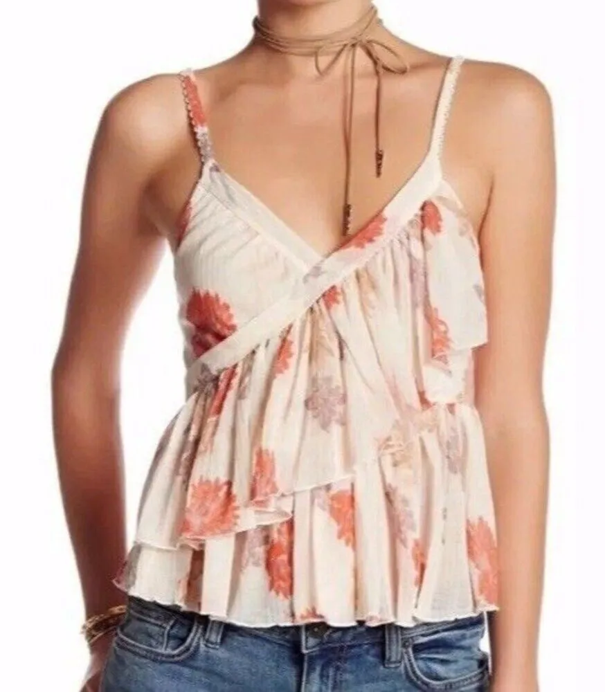 Free People Melbourne Ruffle Ribbed Tank Frilly Floral Tiered Fairy Size Medium