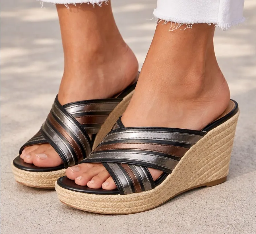 Coach Women’s Size 8 Florentine Metallic Pewter Espadrille Wedge Sandals Strappy