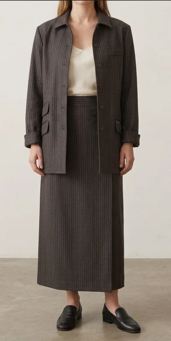 Faconnable Womens XL Suit Set 100% Wool Pinstripe Jacket Maxi Skirt French Chic Brown