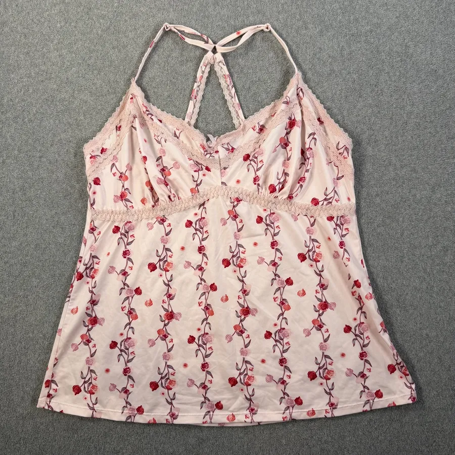 Jessica Simpson Size Large Pink Red Floral Lace Trim Cami Camisole Tank Top