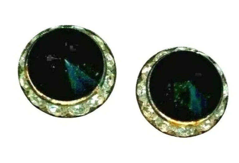 Vintage Black Faceted Stud Earrings With Rhinestone Halo A300