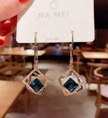 Blue Crystal Square Dangle Drop Earrings for Women Gold