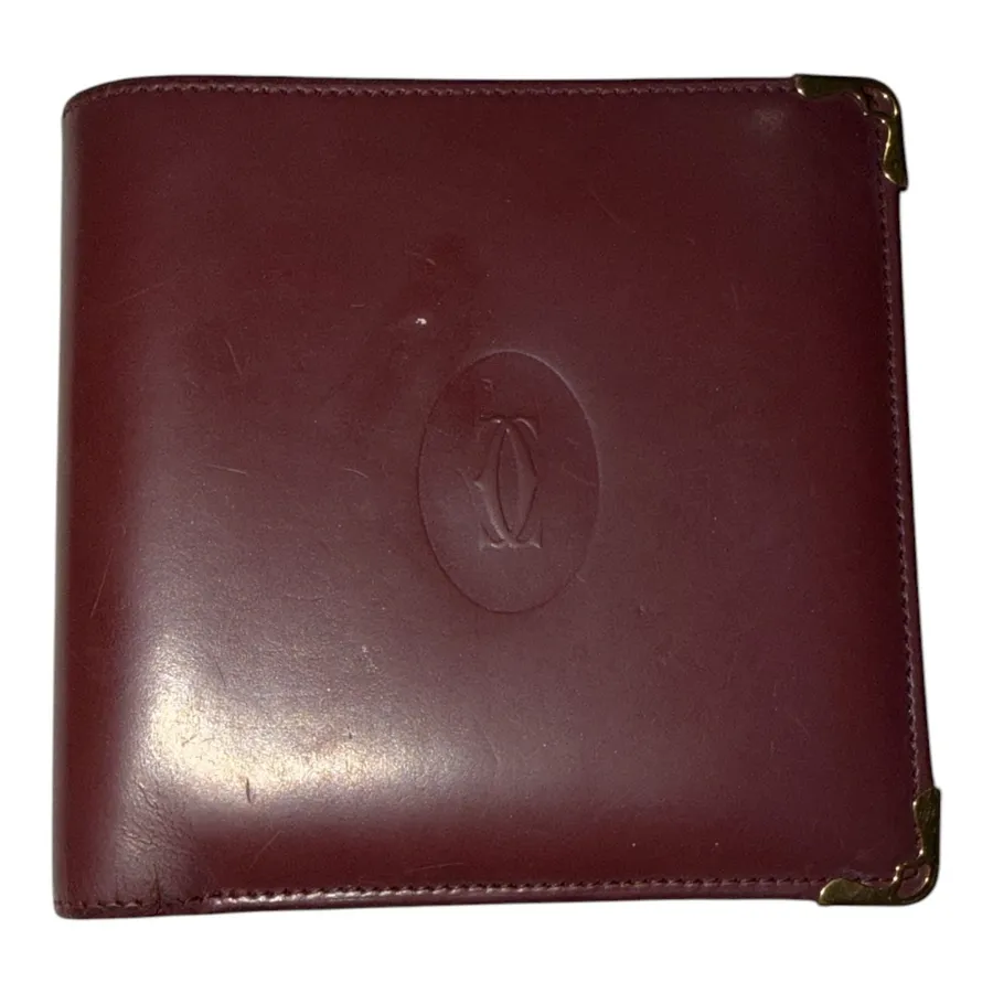 Vintage Must de Cartier Burgundy Leather Bifold Wallet Gold-Tone Corners